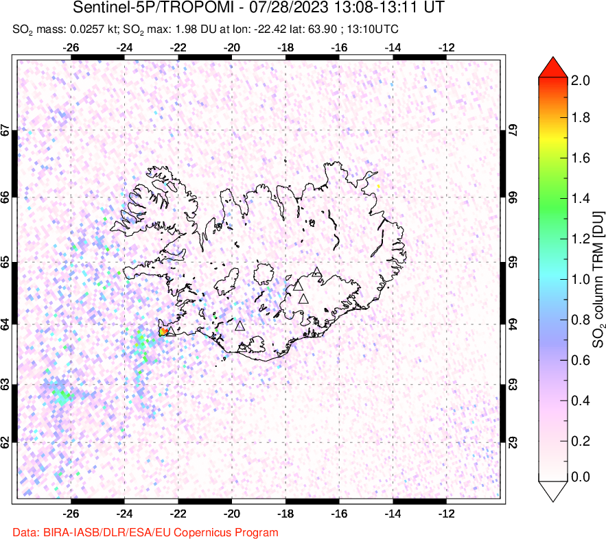 A sulfur dioxide image over Iceland on Jul 28, 2023.