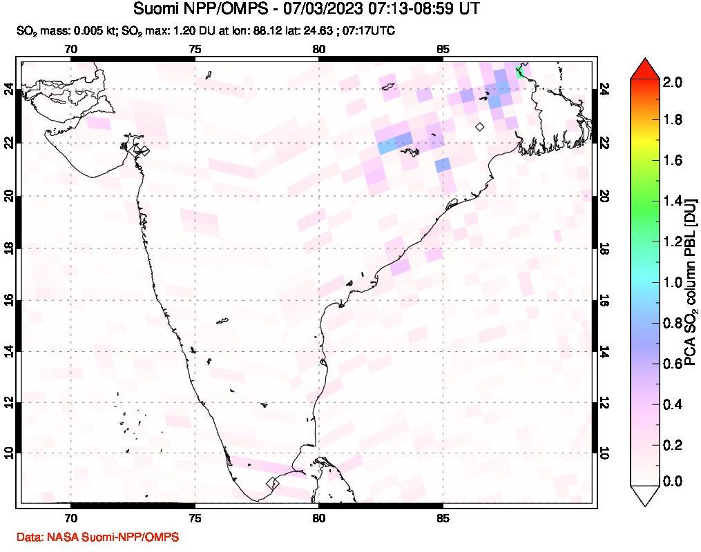 A sulfur dioxide image over India on Jul 03, 2023.
