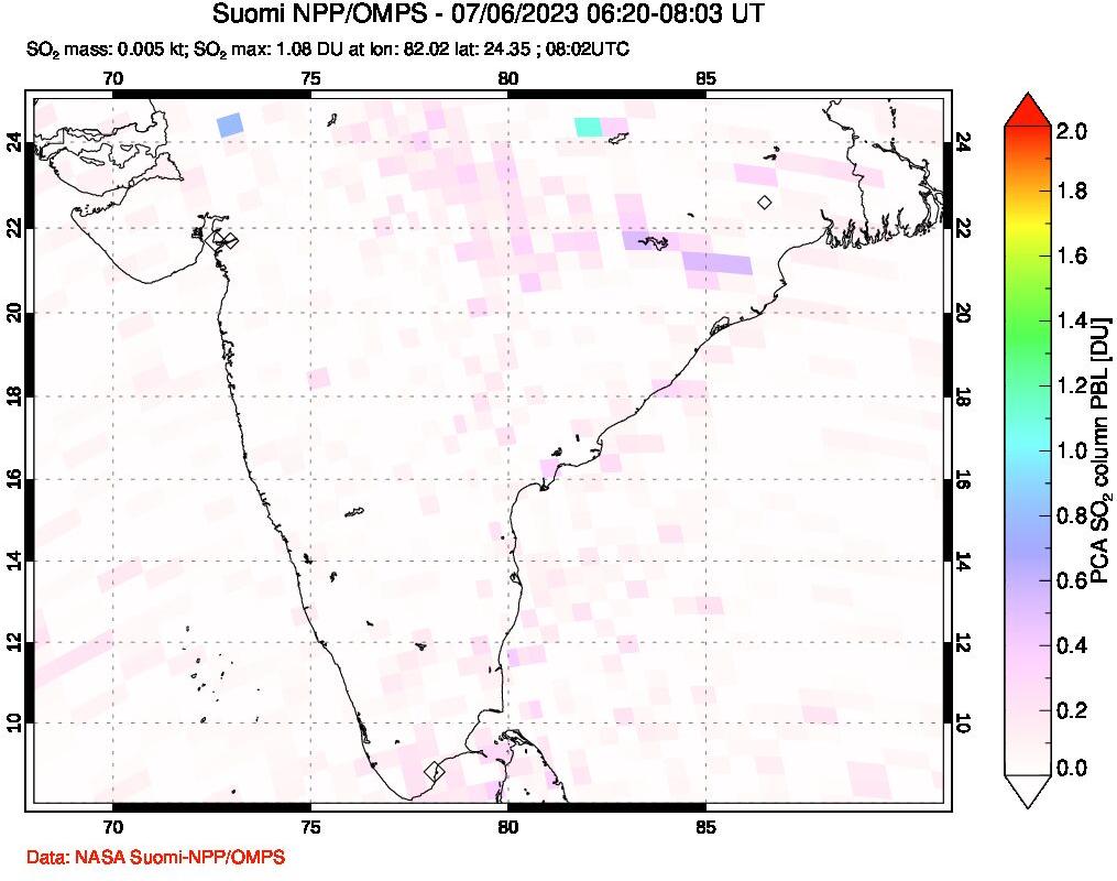 A sulfur dioxide image over India on Jul 06, 2023.