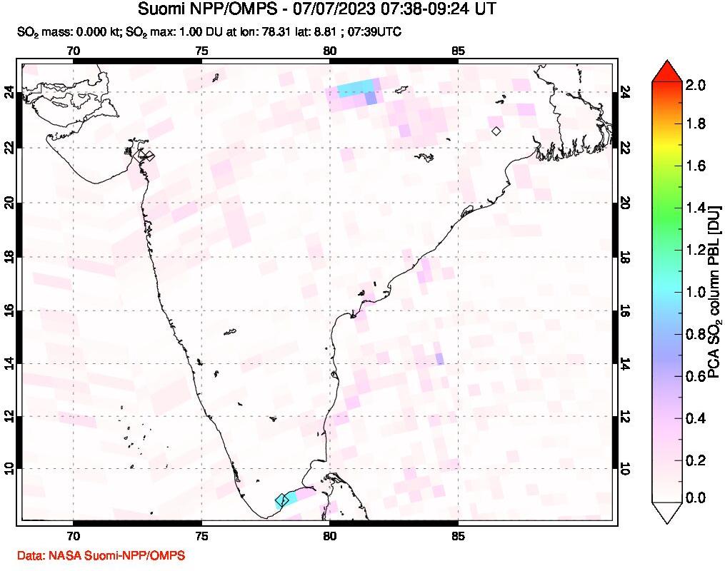 A sulfur dioxide image over India on Jul 07, 2023.