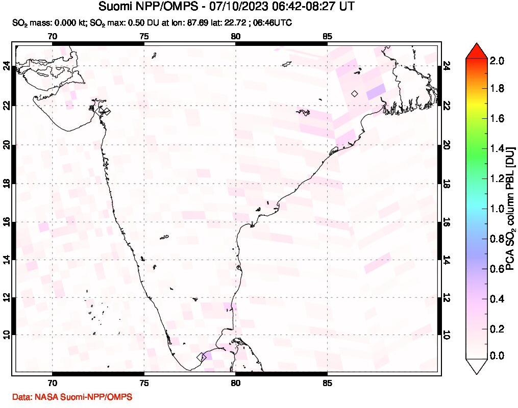 A sulfur dioxide image over India on Jul 10, 2023.