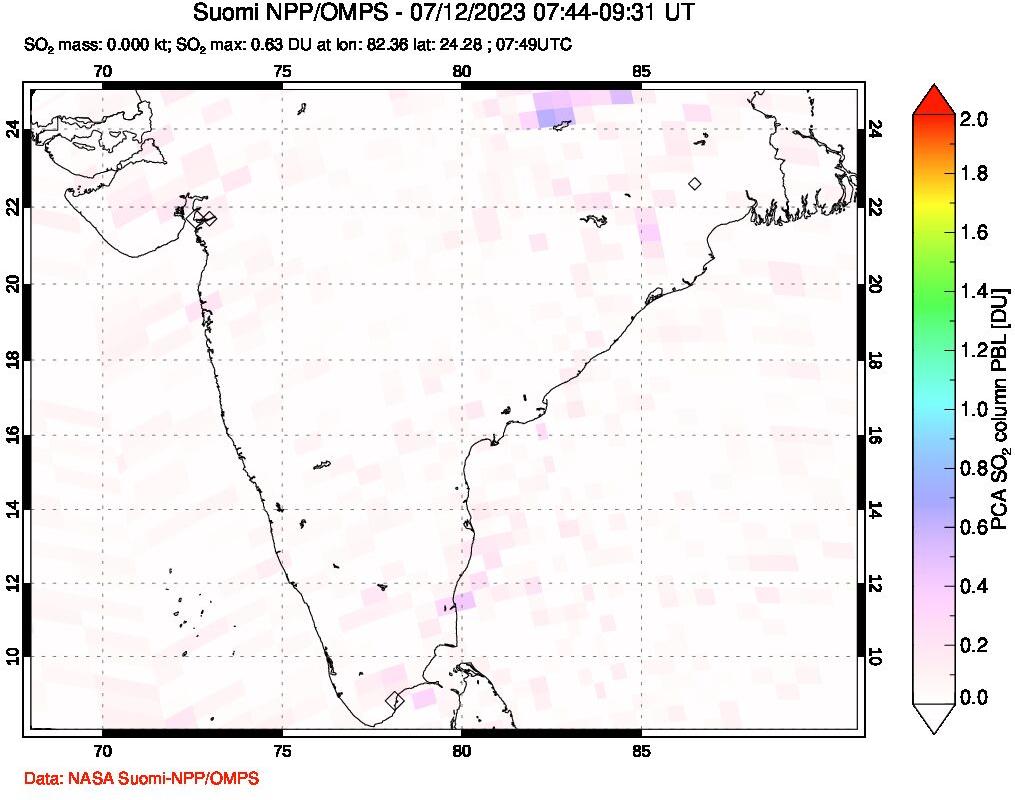 A sulfur dioxide image over India on Jul 12, 2023.