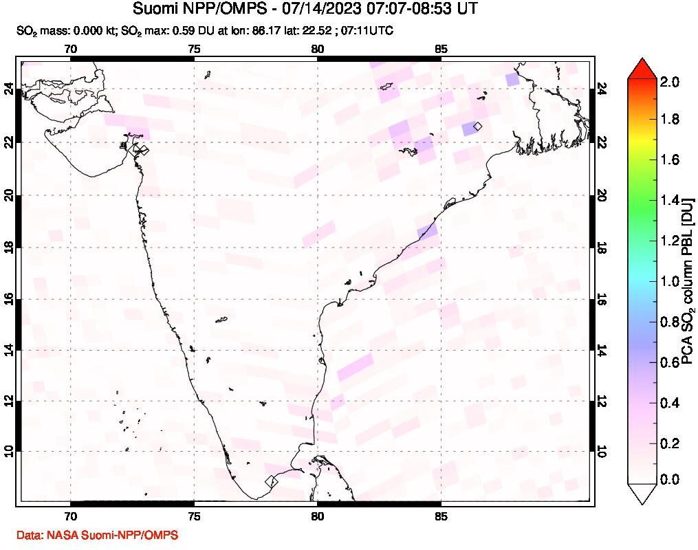 A sulfur dioxide image over India on Jul 14, 2023.