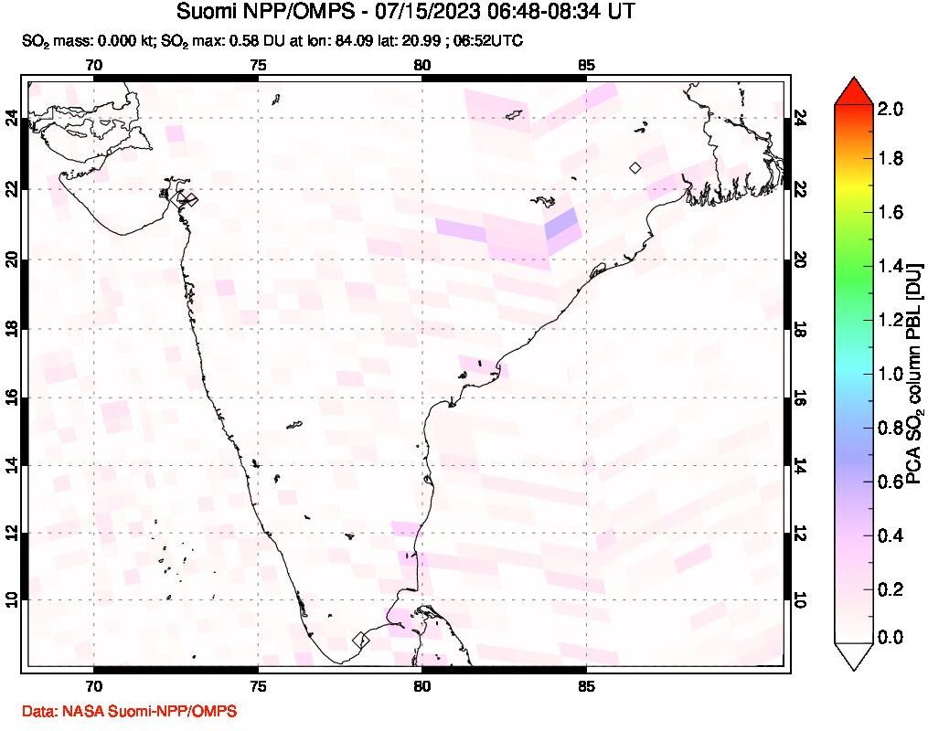 A sulfur dioxide image over India on Jul 15, 2023.