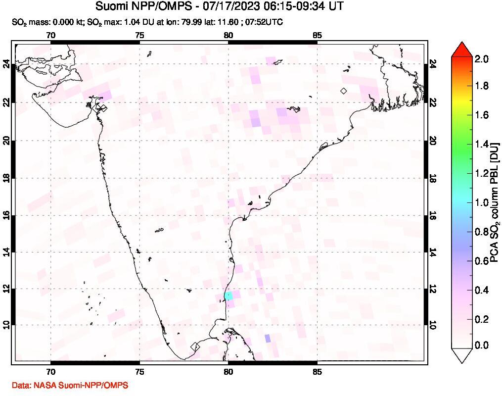 A sulfur dioxide image over India on Jul 17, 2023.