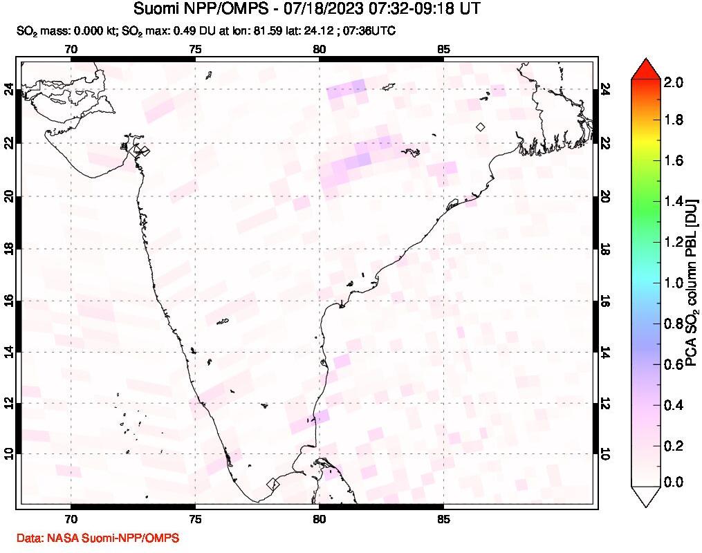 A sulfur dioxide image over India on Jul 18, 2023.
