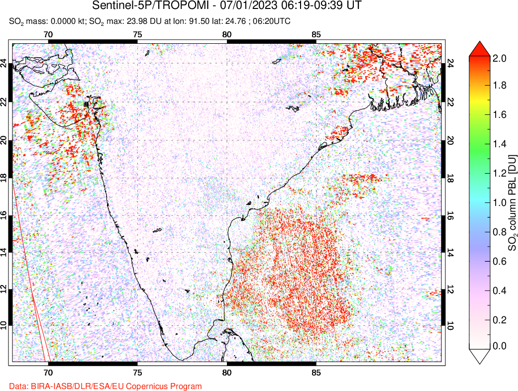 A sulfur dioxide image over India on Jul 01, 2023.