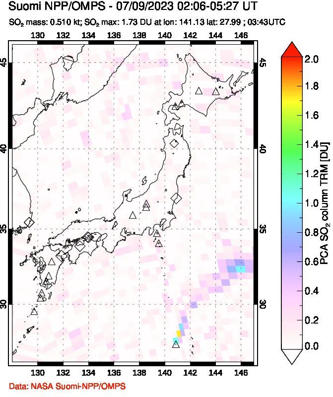 A sulfur dioxide image over Japan on Jul 09, 2023.
