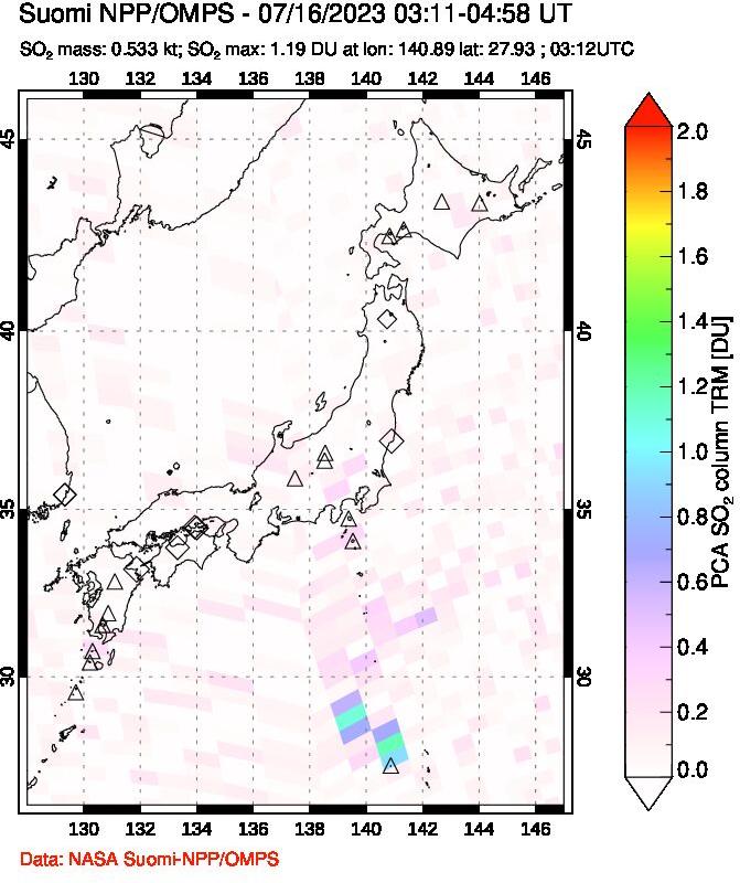 A sulfur dioxide image over Japan on Jul 16, 2023.