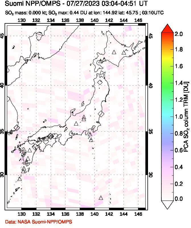 A sulfur dioxide image over Japan on Jul 27, 2023.