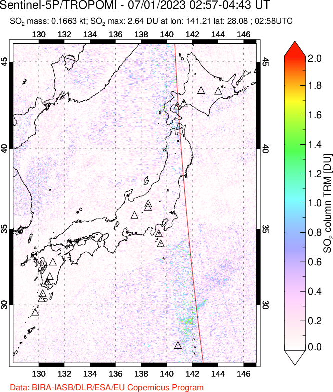 A sulfur dioxide image over Japan on Jul 01, 2023.