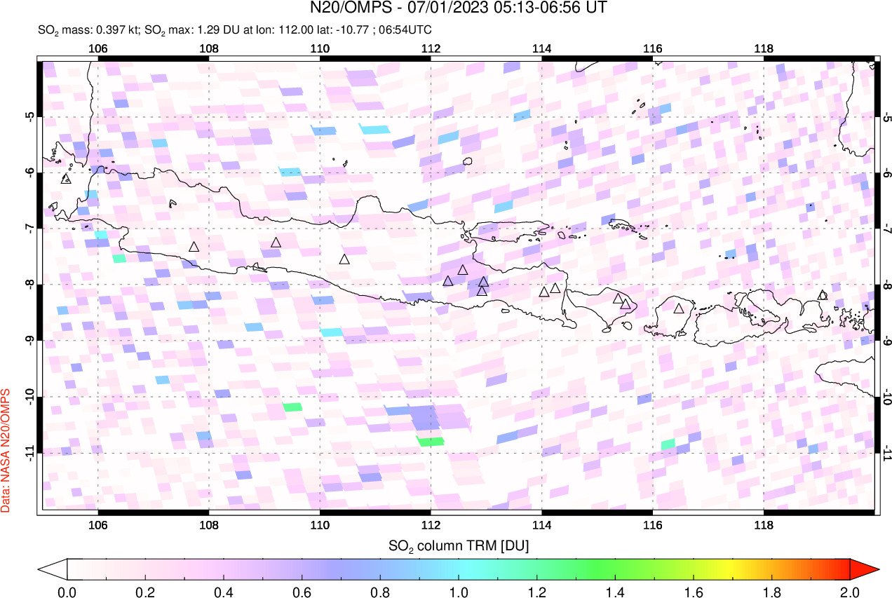 A sulfur dioxide image over Java, Indonesia on Jul 01, 2023.