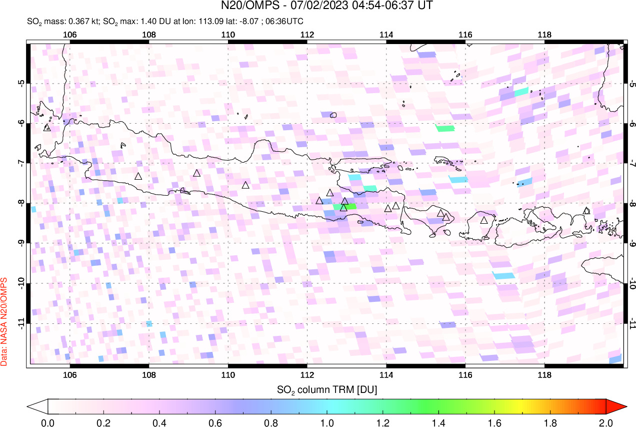 A sulfur dioxide image over Java, Indonesia on Jul 02, 2023.