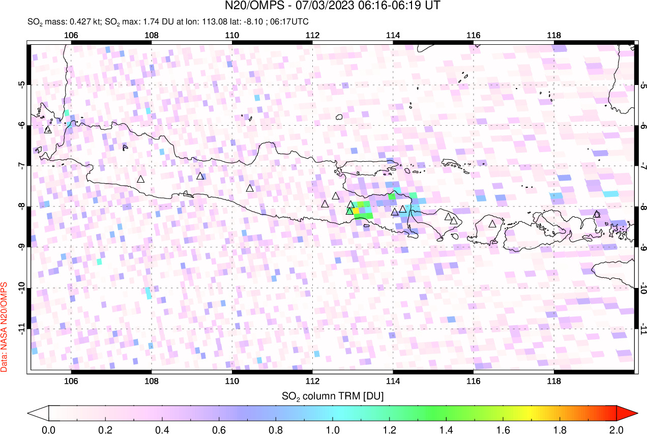 A sulfur dioxide image over Java, Indonesia on Jul 03, 2023.