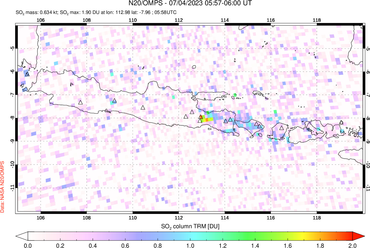 A sulfur dioxide image over Java, Indonesia on Jul 04, 2023.