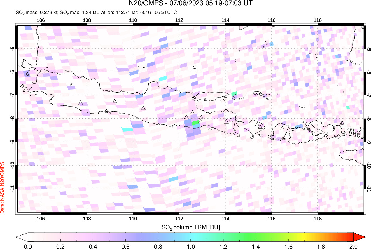 A sulfur dioxide image over Java, Indonesia on Jul 06, 2023.