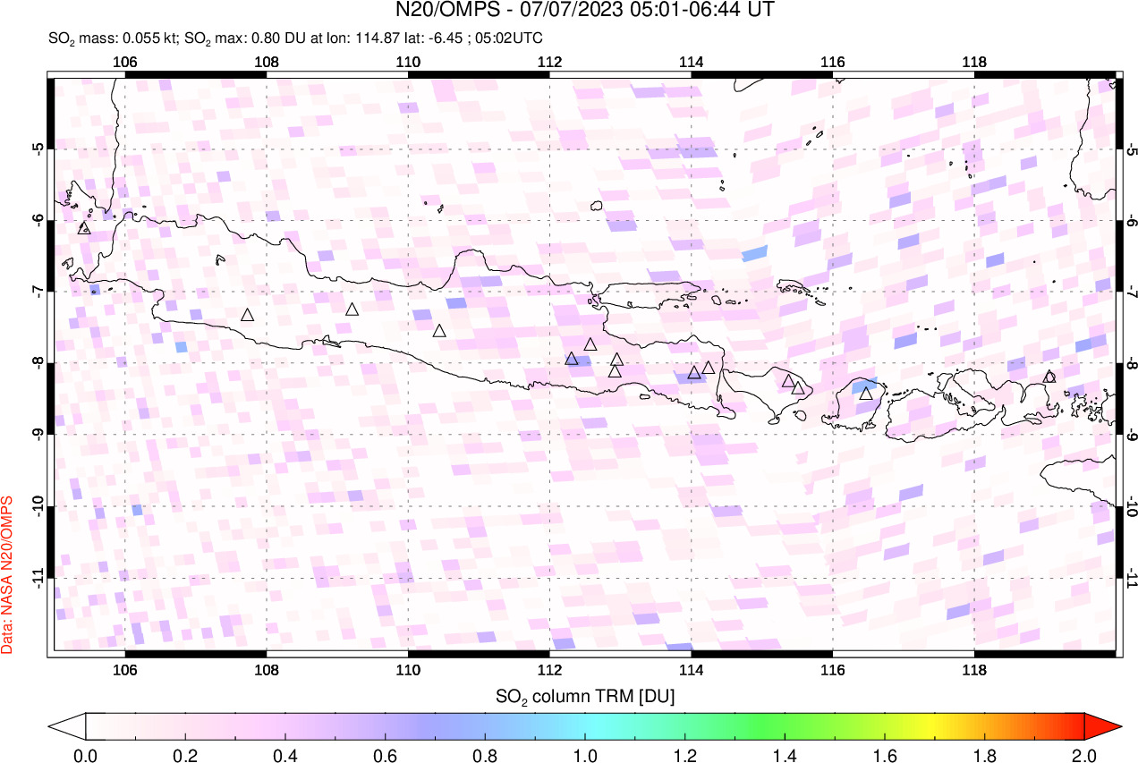 A sulfur dioxide image over Java, Indonesia on Jul 07, 2023.