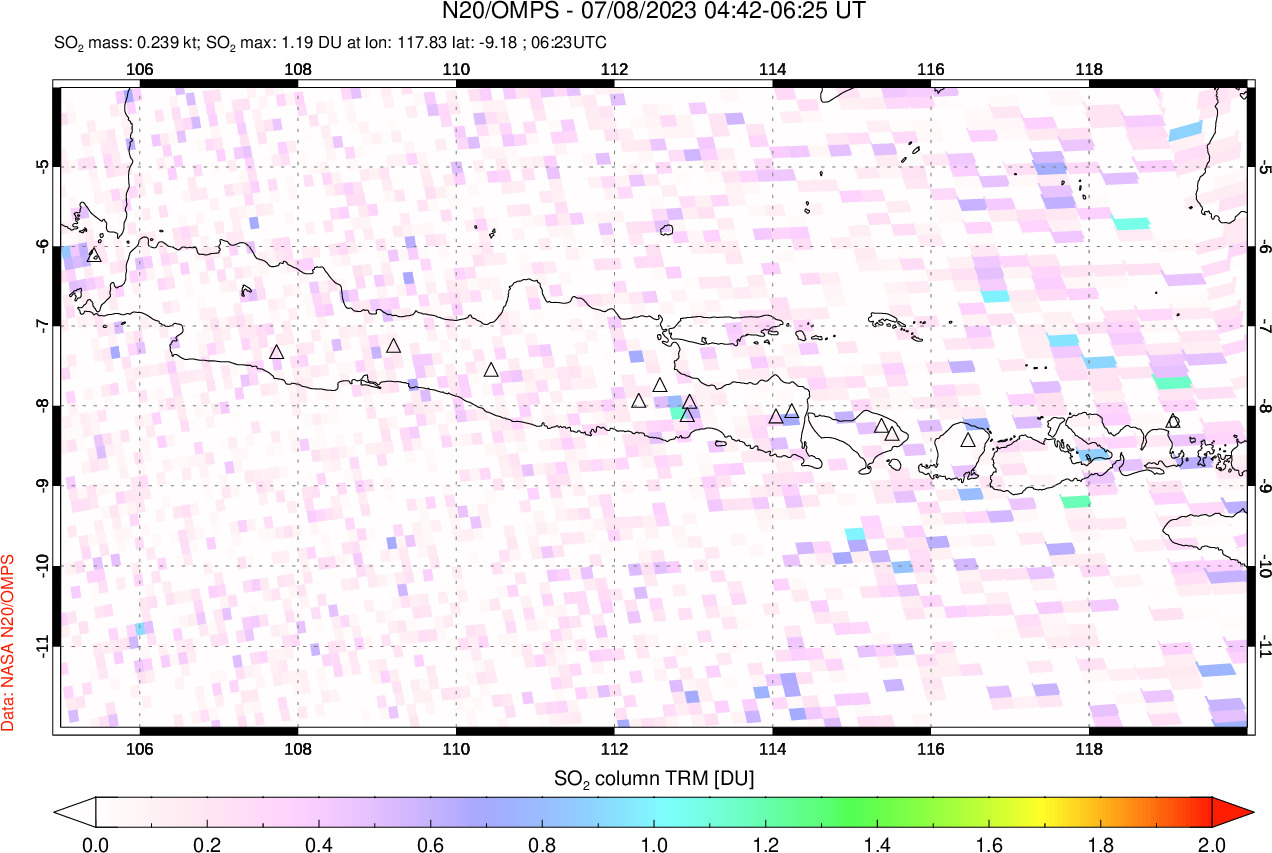 A sulfur dioxide image over Java, Indonesia on Jul 08, 2023.