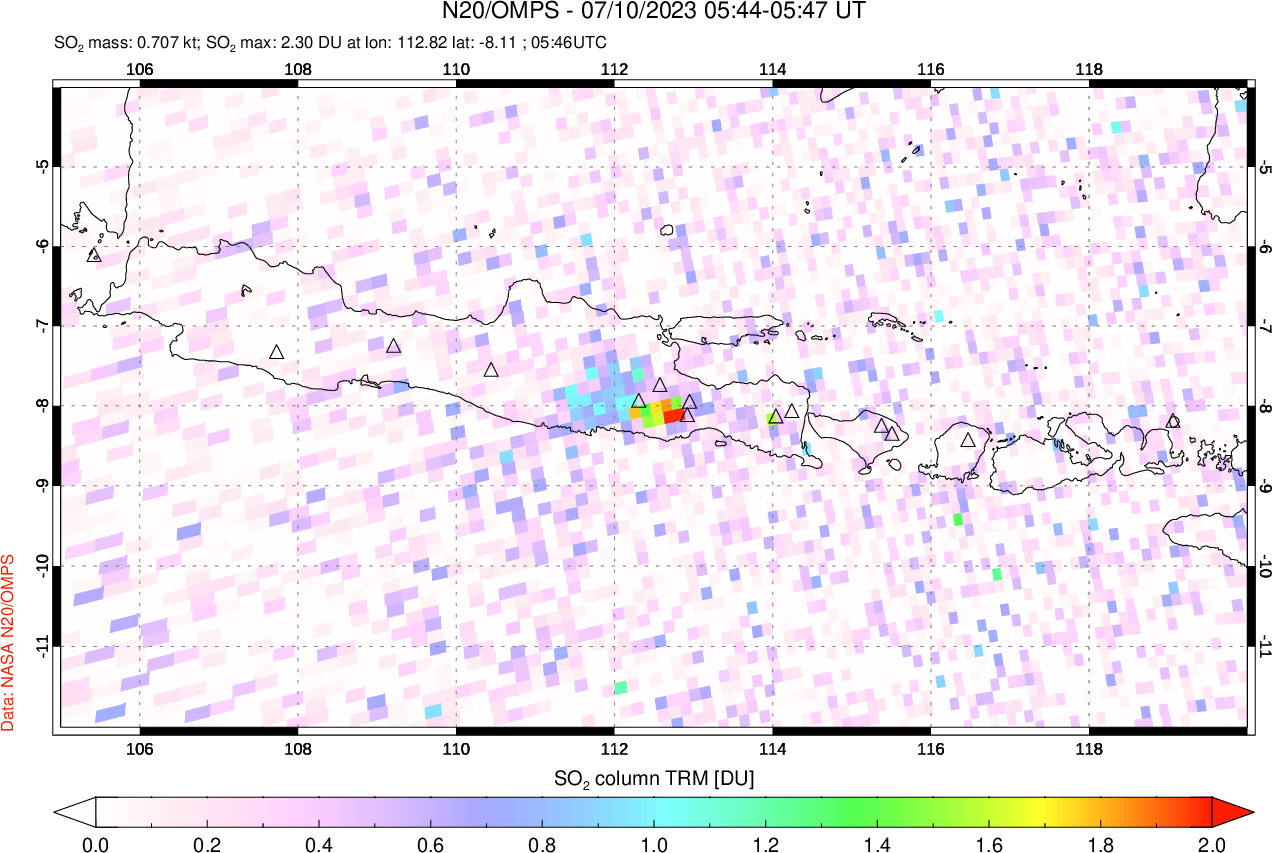 A sulfur dioxide image over Java, Indonesia on Jul 10, 2023.