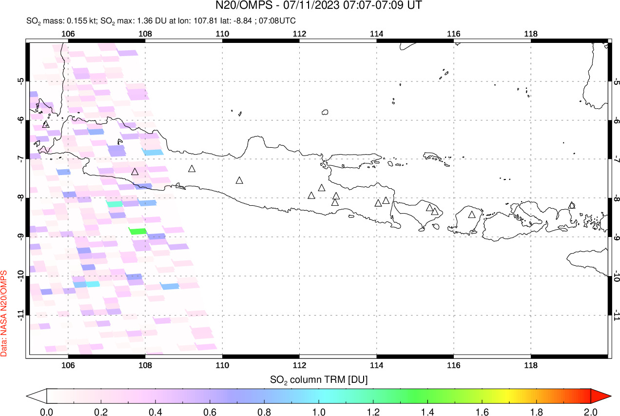 A sulfur dioxide image over Java, Indonesia on Jul 11, 2023.