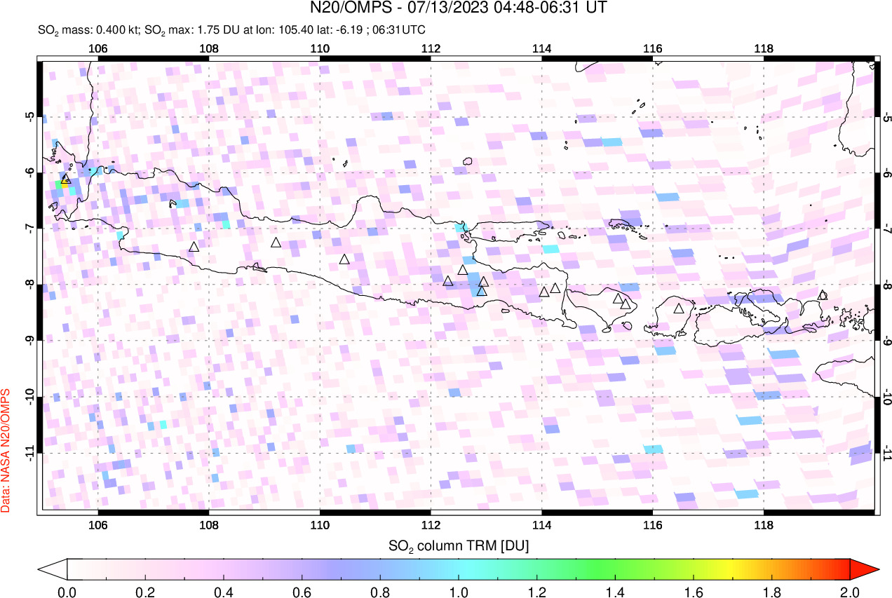 A sulfur dioxide image over Java, Indonesia on Jul 13, 2023.