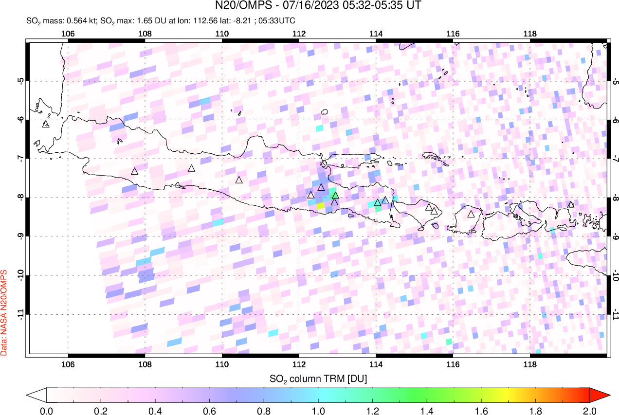 A sulfur dioxide image over Java, Indonesia on Jul 16, 2023.