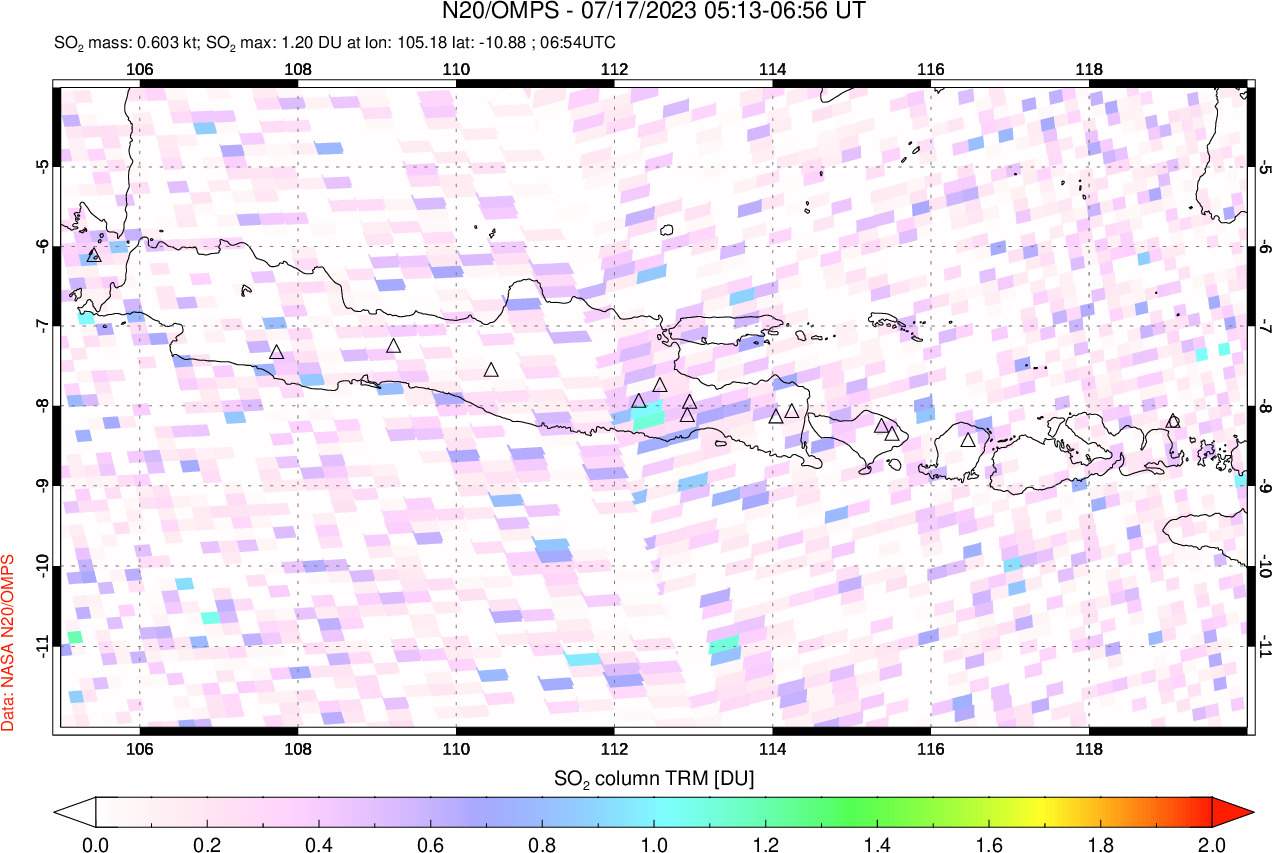 A sulfur dioxide image over Java, Indonesia on Jul 17, 2023.