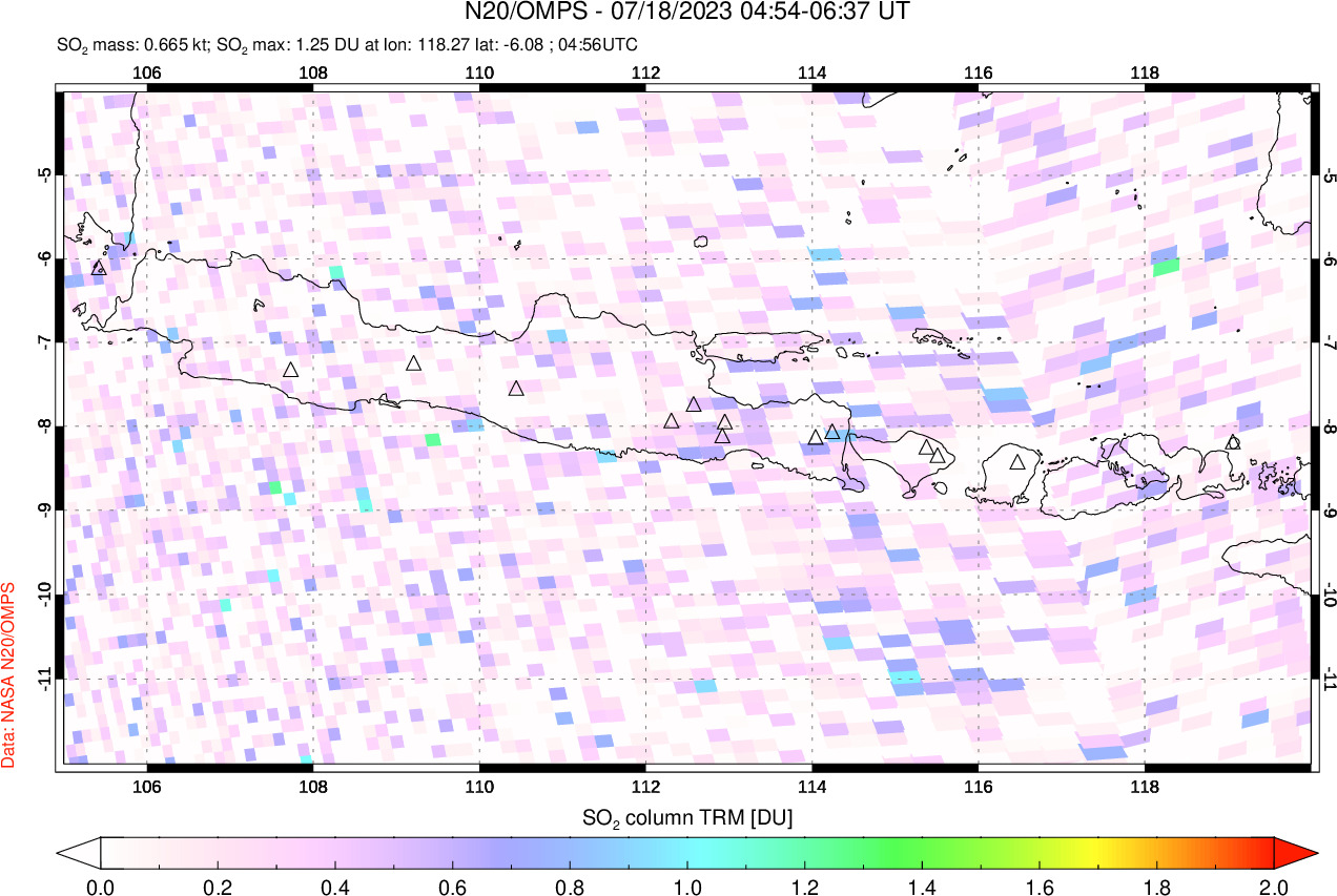 A sulfur dioxide image over Java, Indonesia on Jul 18, 2023.