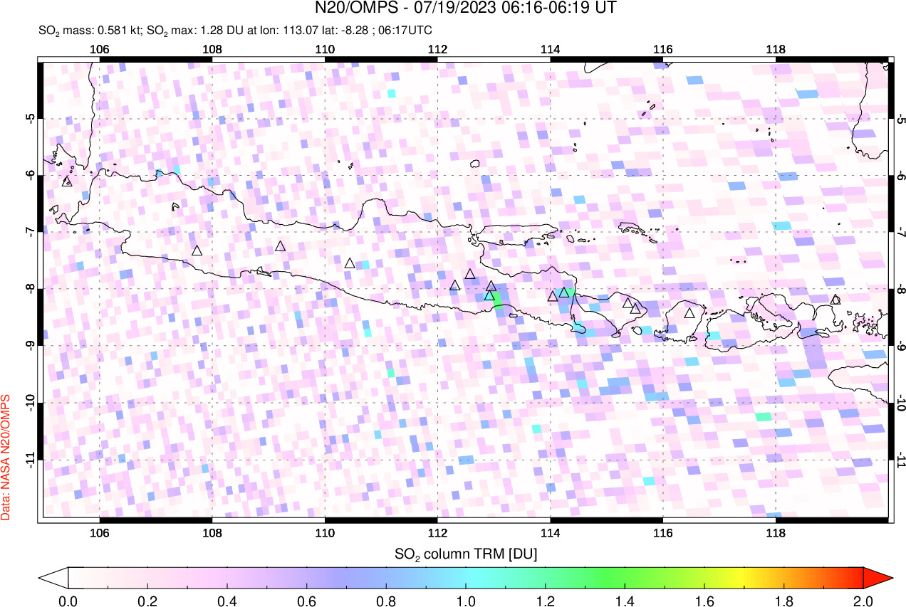 A sulfur dioxide image over Java, Indonesia on Jul 19, 2023.