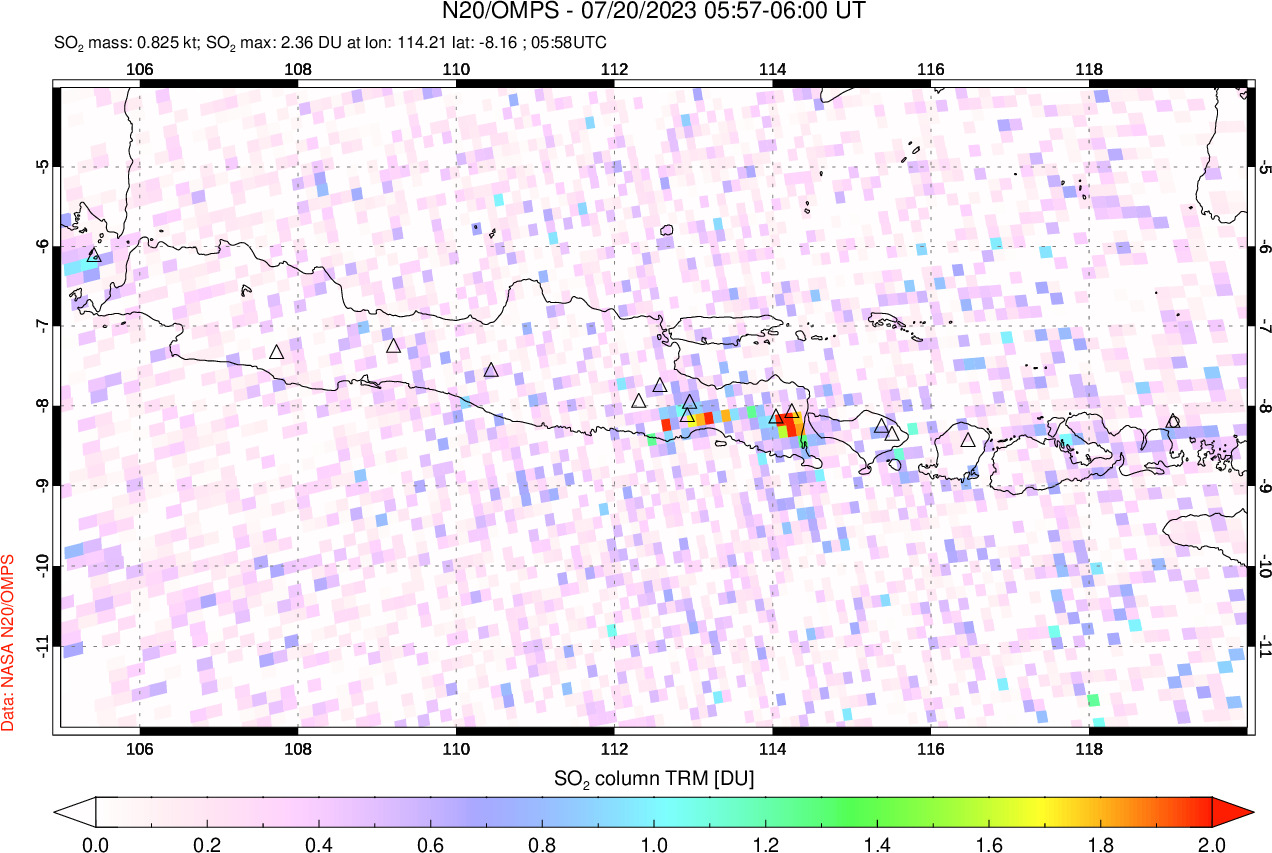 A sulfur dioxide image over Java, Indonesia on Jul 20, 2023.