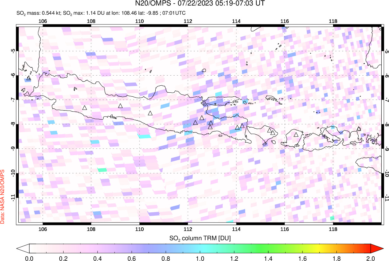 A sulfur dioxide image over Java, Indonesia on Jul 22, 2023.