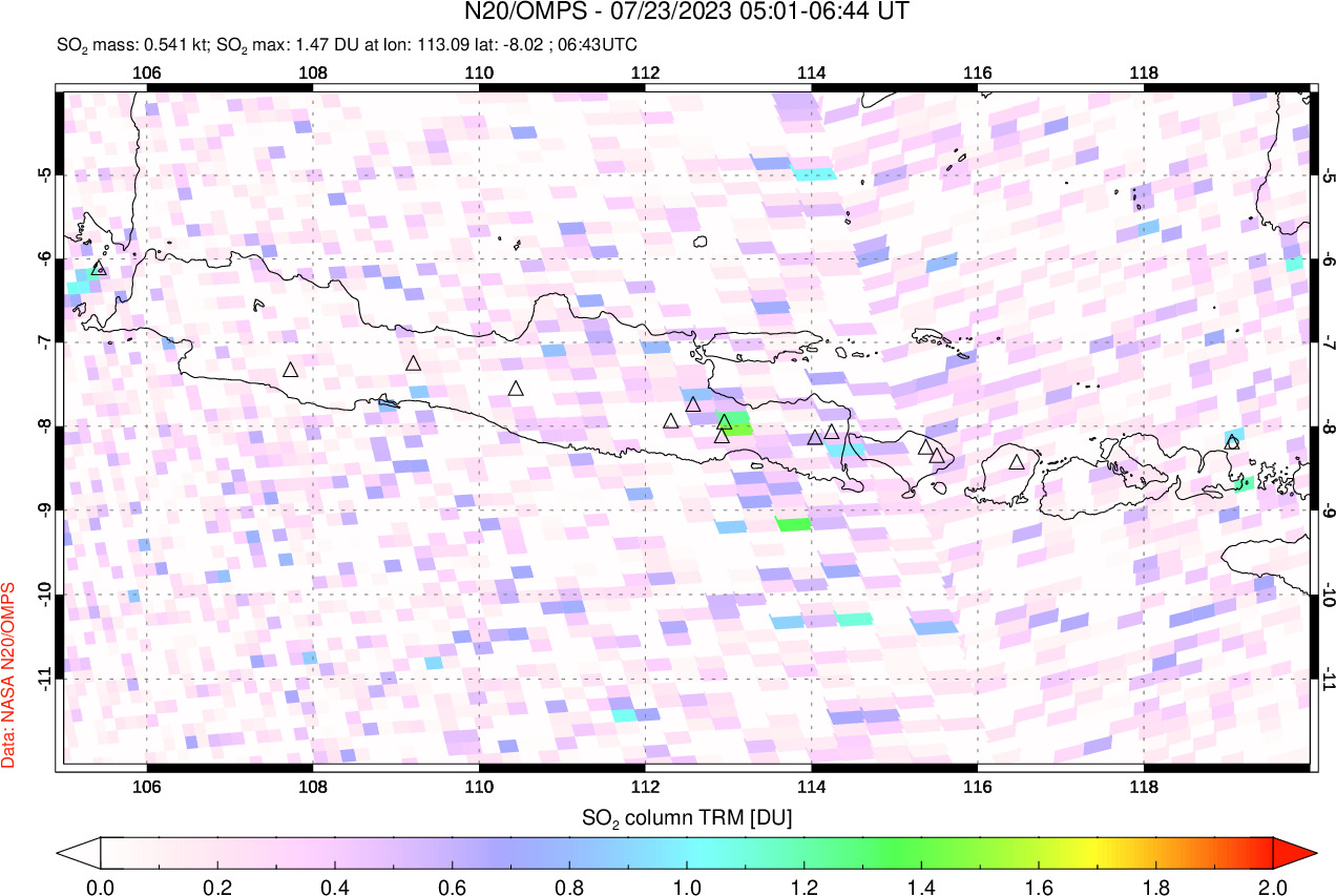 A sulfur dioxide image over Java, Indonesia on Jul 23, 2023.