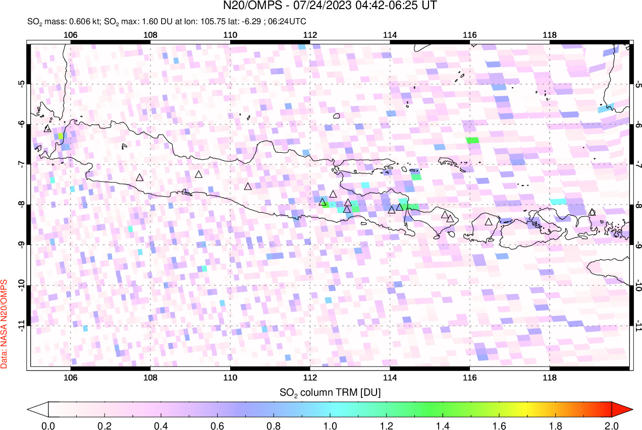 A sulfur dioxide image over Java, Indonesia on Jul 24, 2023.