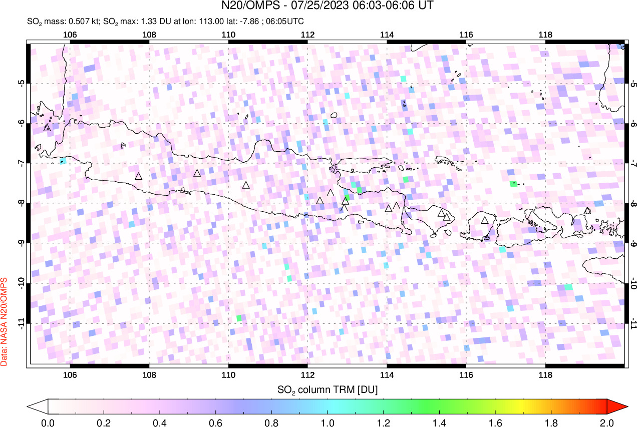 A sulfur dioxide image over Java, Indonesia on Jul 25, 2023.