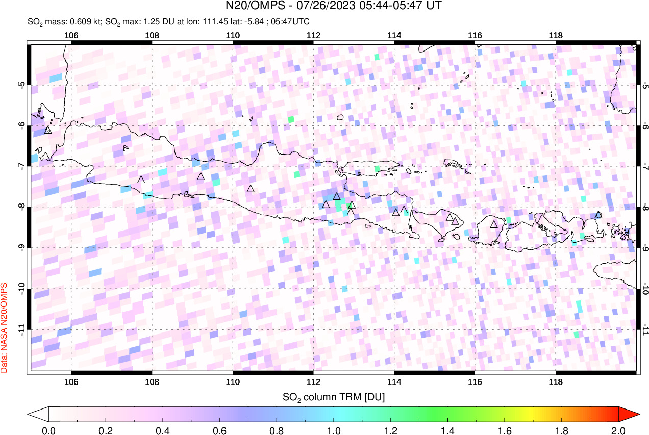A sulfur dioxide image over Java, Indonesia on Jul 26, 2023.