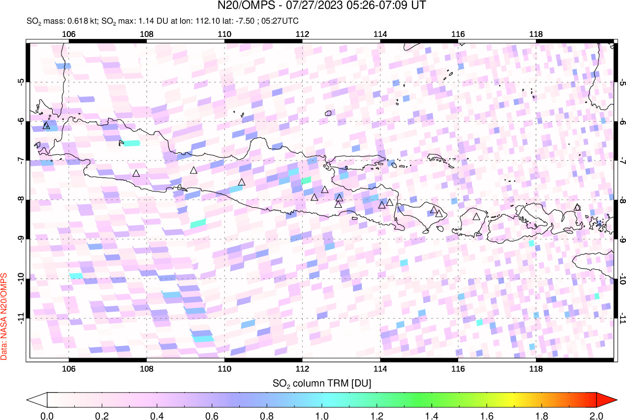 A sulfur dioxide image over Java, Indonesia on Jul 27, 2023.