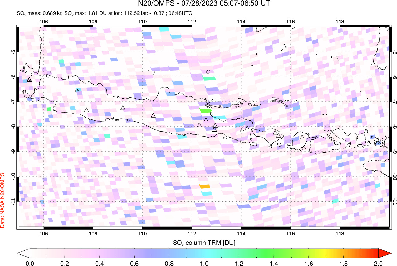 A sulfur dioxide image over Java, Indonesia on Jul 28, 2023.