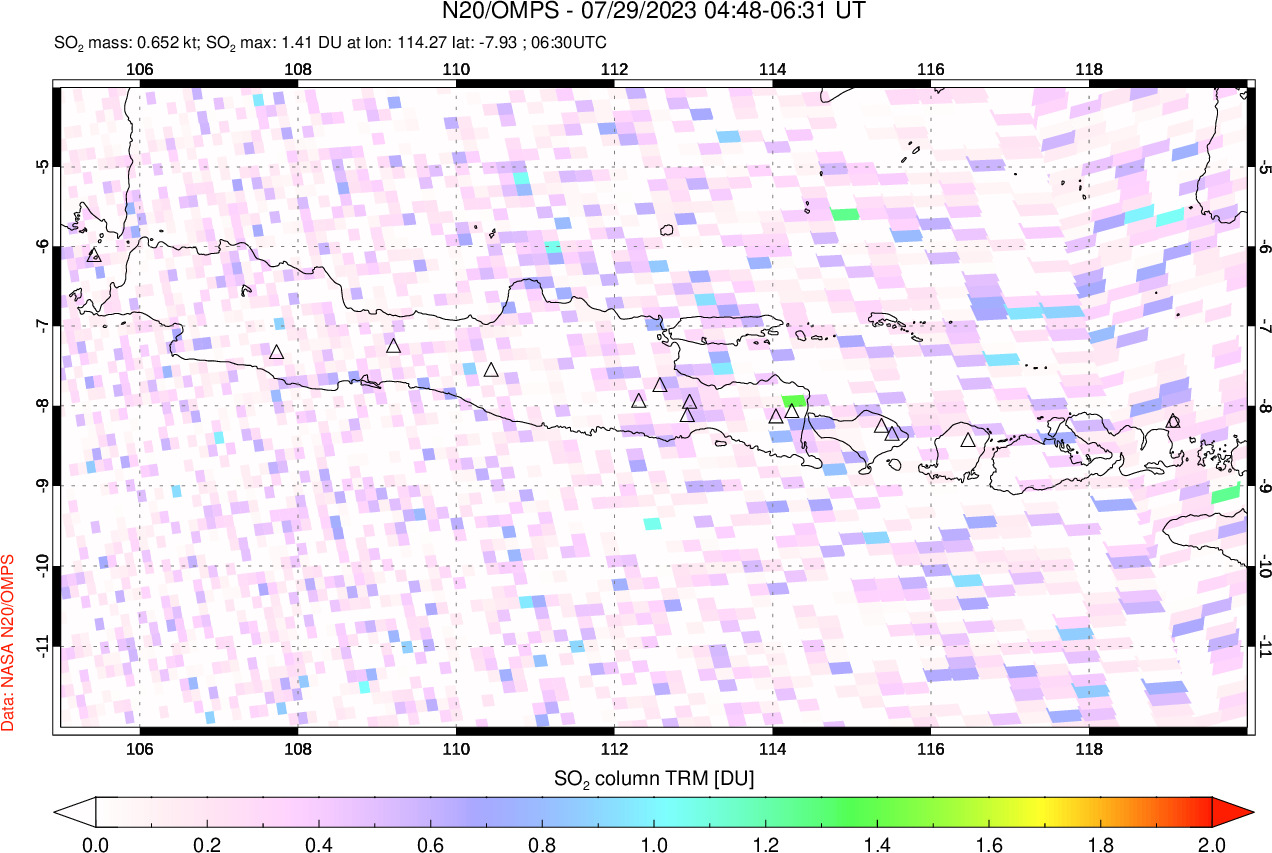 A sulfur dioxide image over Java, Indonesia on Jul 29, 2023.