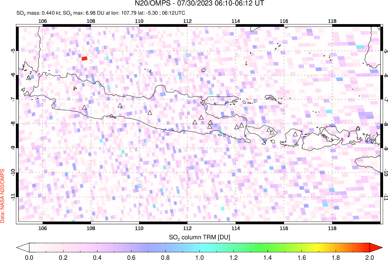 A sulfur dioxide image over Java, Indonesia on Jul 30, 2023.