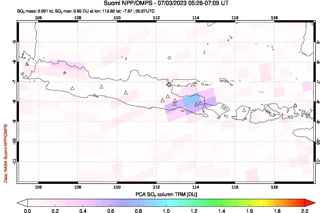 A sulfur dioxide image over Java, Indonesia on Jul 03, 2023.