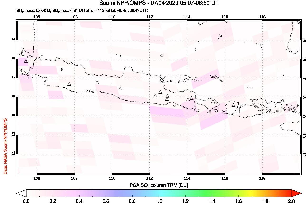 A sulfur dioxide image over Java, Indonesia on Jul 04, 2023.