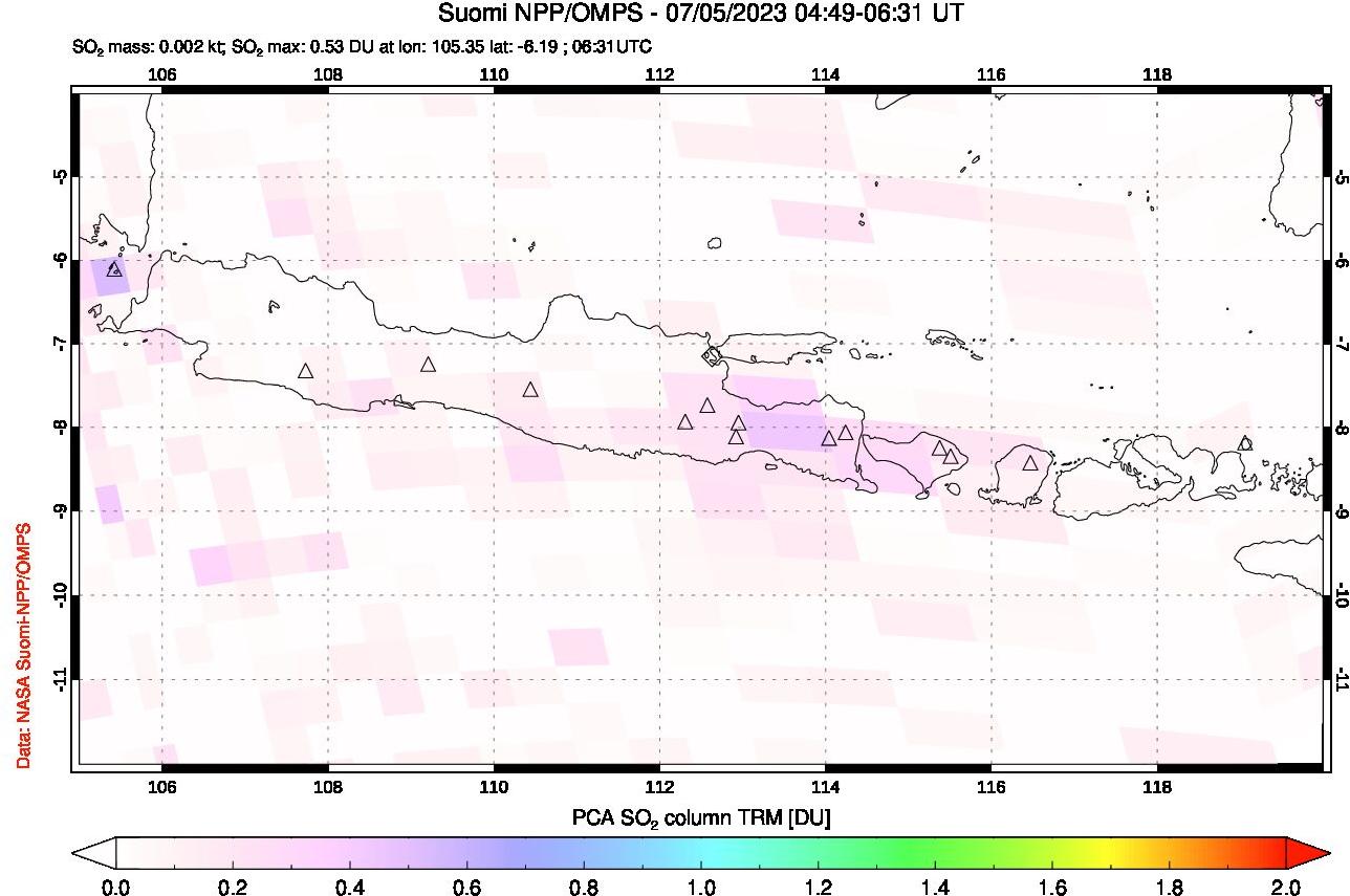 A sulfur dioxide image over Java, Indonesia on Jul 05, 2023.