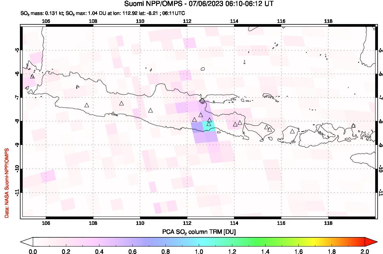 A sulfur dioxide image over Java, Indonesia on Jul 06, 2023.