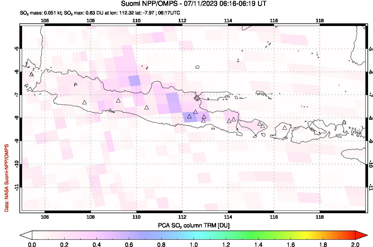 A sulfur dioxide image over Java, Indonesia on Jul 11, 2023.