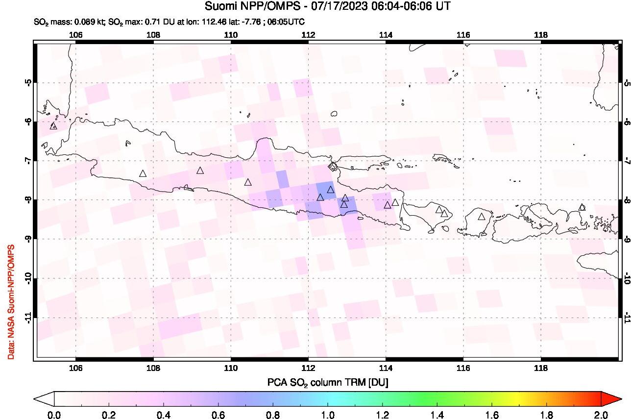 A sulfur dioxide image over Java, Indonesia on Jul 17, 2023.