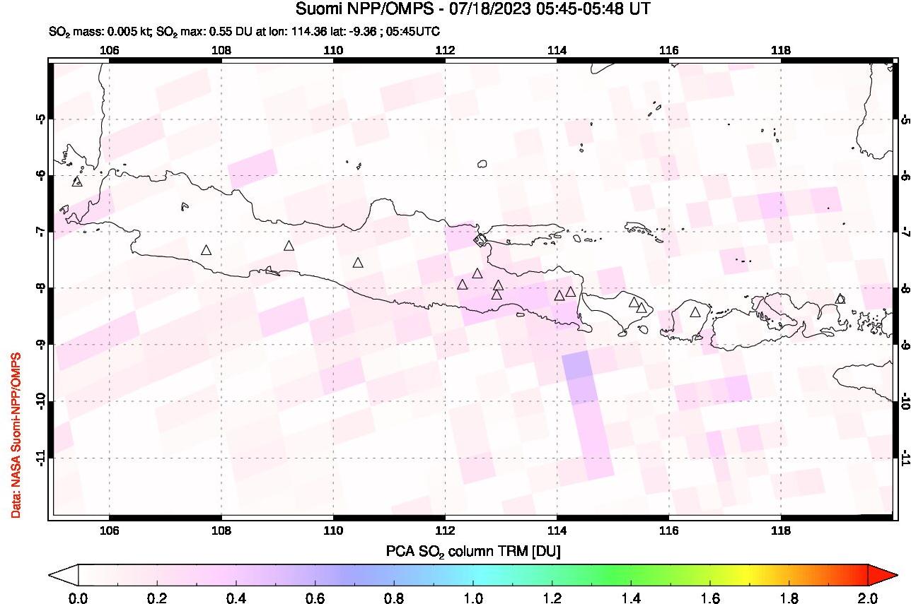 A sulfur dioxide image over Java, Indonesia on Jul 18, 2023.