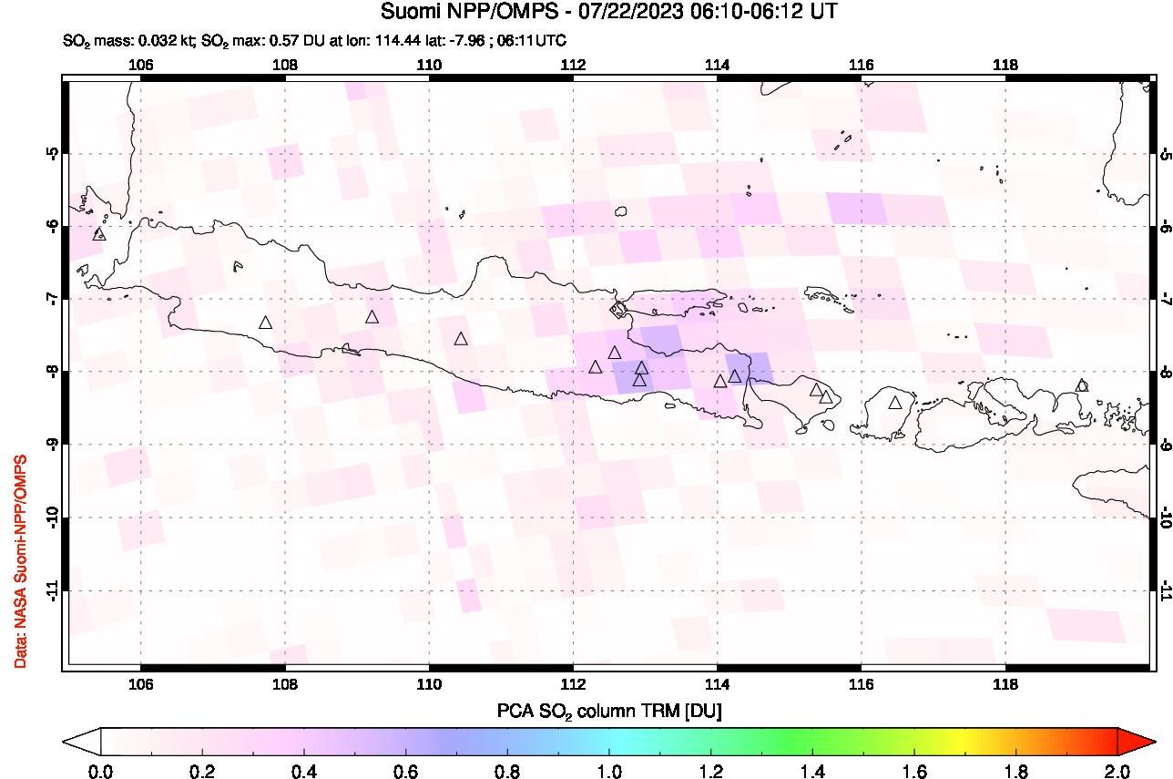 A sulfur dioxide image over Java, Indonesia on Jul 22, 2023.