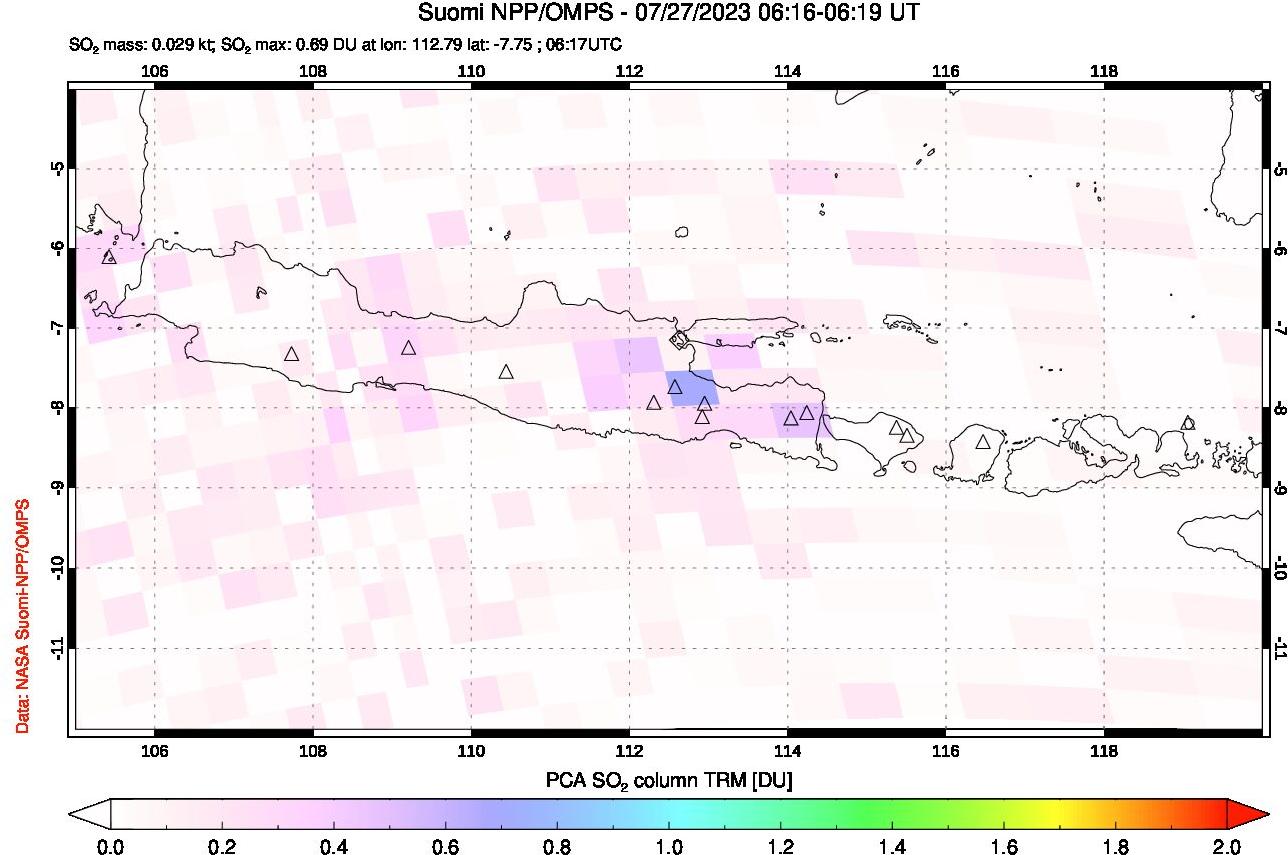 A sulfur dioxide image over Java, Indonesia on Jul 27, 2023.