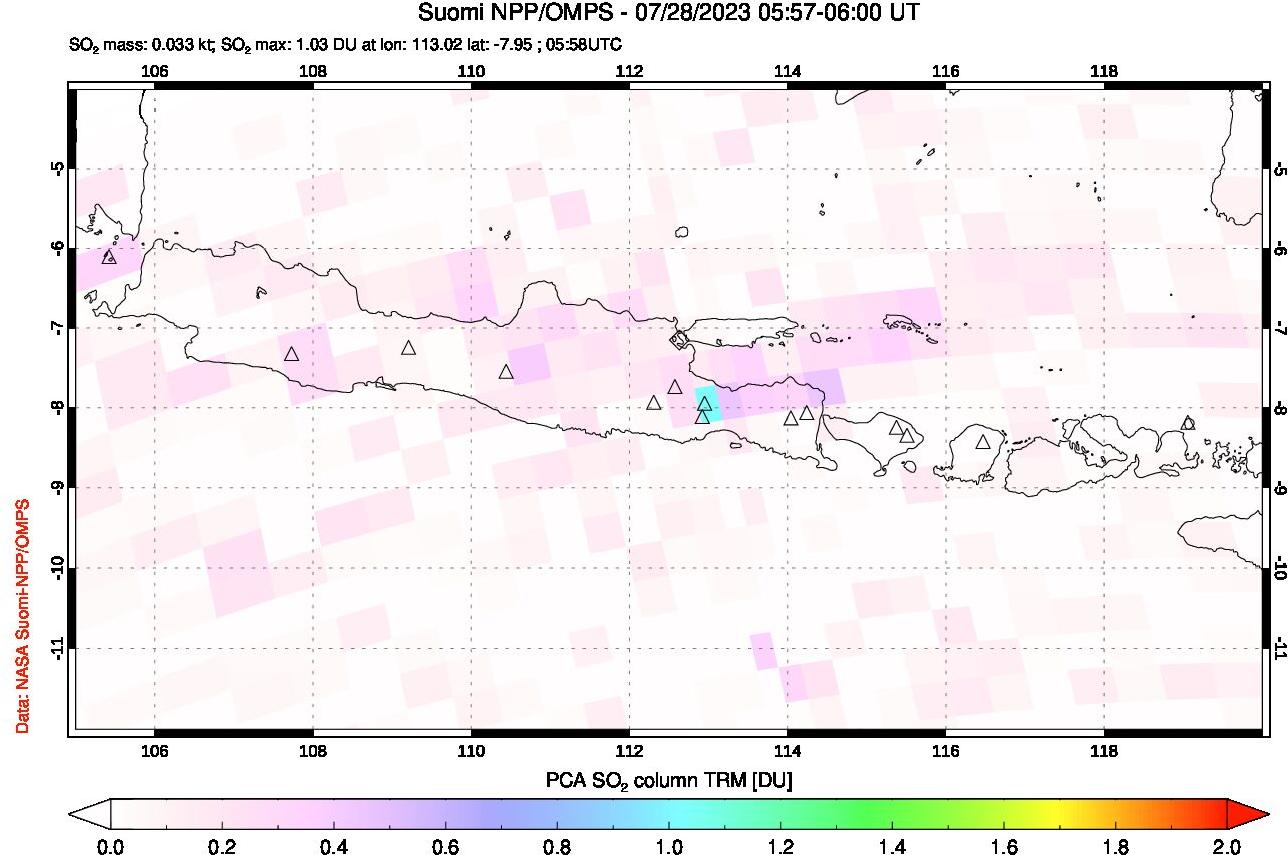 A sulfur dioxide image over Java, Indonesia on Jul 28, 2023.