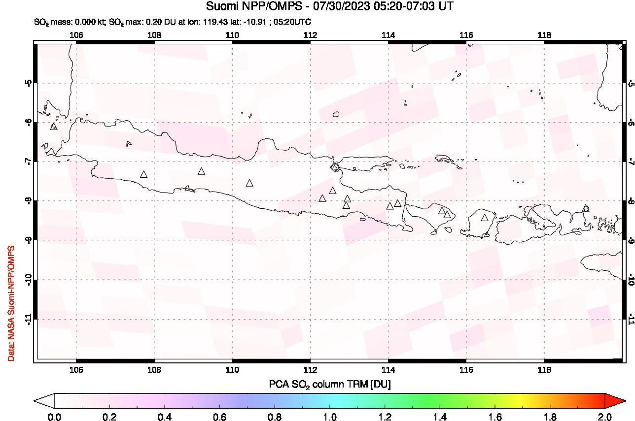 A sulfur dioxide image over Java, Indonesia on Jul 30, 2023.